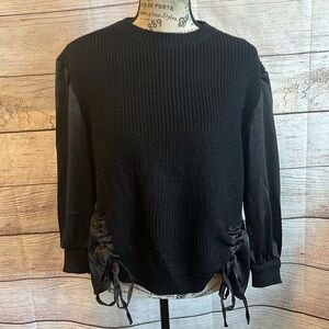 A.Z.I. Sweater Long Satin Look Sleeves Ruched Ties Buttons @ Back Size XS Black